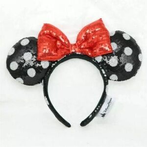 Disneyland Minnie Mouse Classic Polka Dots Red Bow Ears Headband Black White NWT